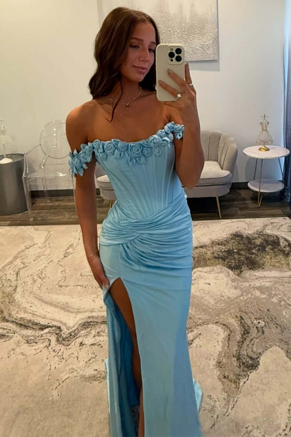 Dreamyannie Light Blue Prom Dress Off The Shoulder Corset Mermaid Long Formal Dress With Slit