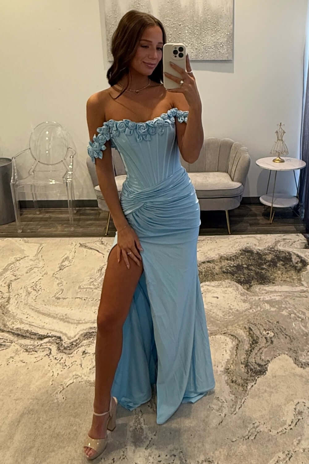 Dreamyannie Light Blue Prom Dress Off The Shoulder Corset Mermaid Long Formal Dress With Slit