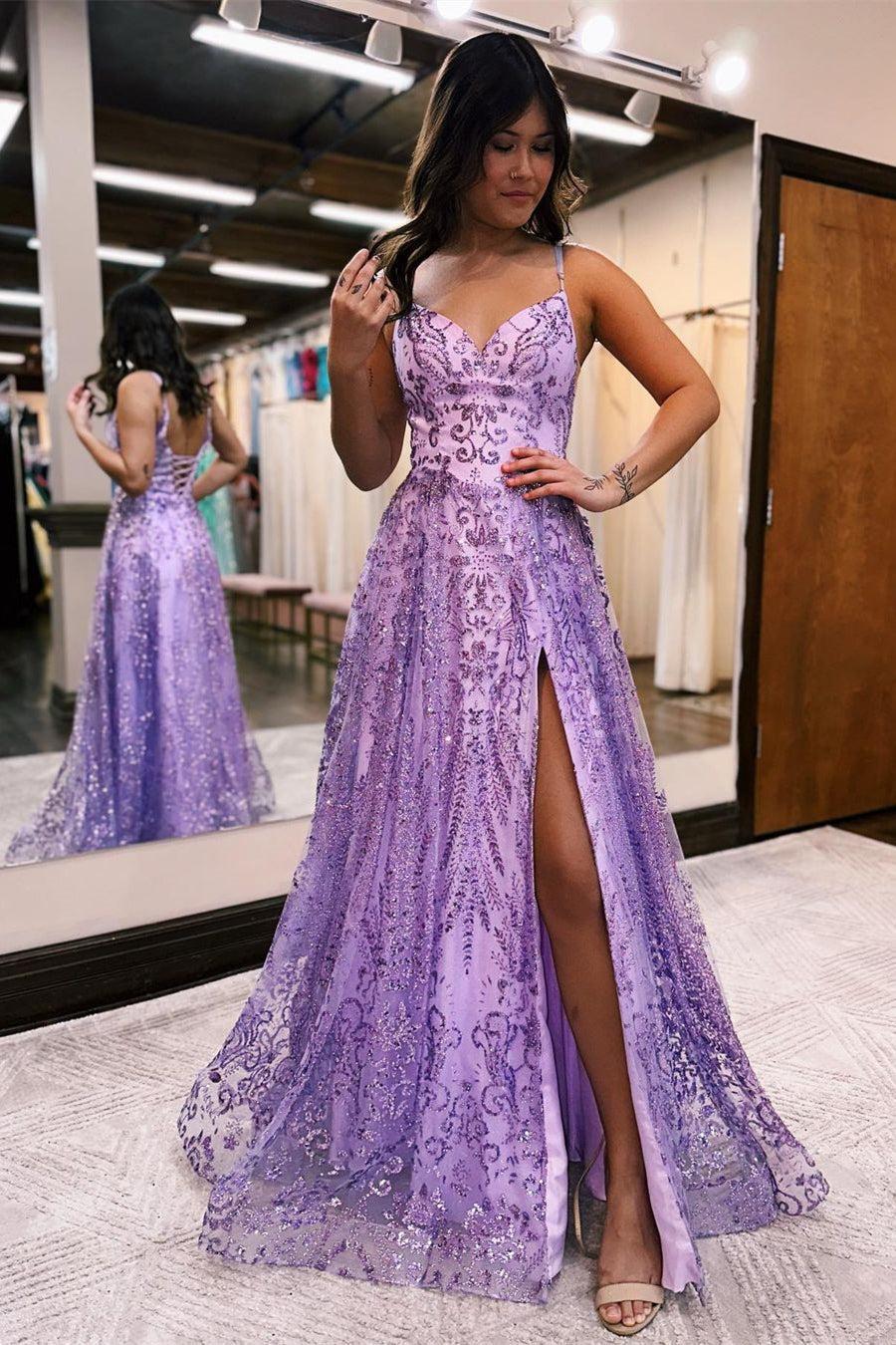 Elegant Long A Line Spaghetti Straps Lace Sleeveless Prom Dress With Slit