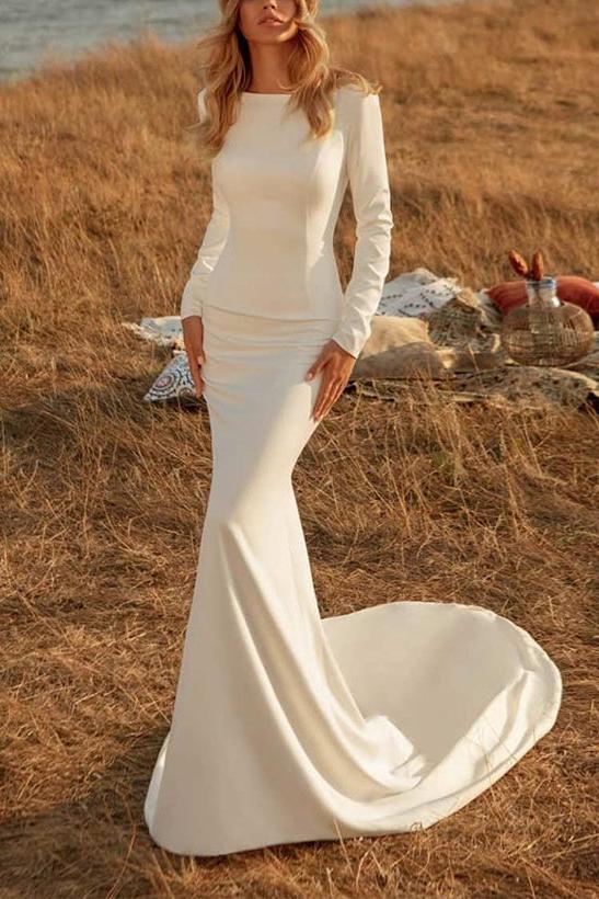 Elegant Mermaid Beach Wedding Dress Bateau Neckline Long Sleeves Bridal Gown