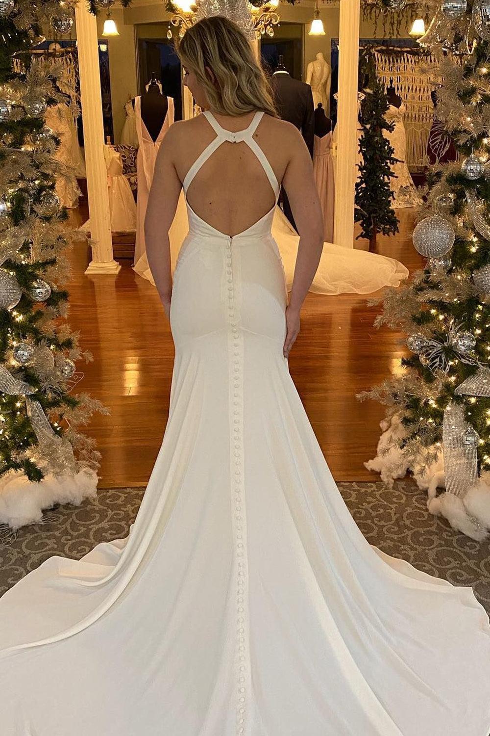 Elegant Mermaid Halter White Long Beach Wedding Dress with Button Details