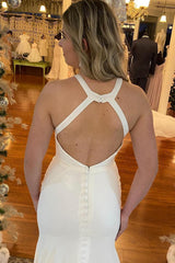 Elegant Mermaid Halter White Long Beach Wedding Dress with Button Details