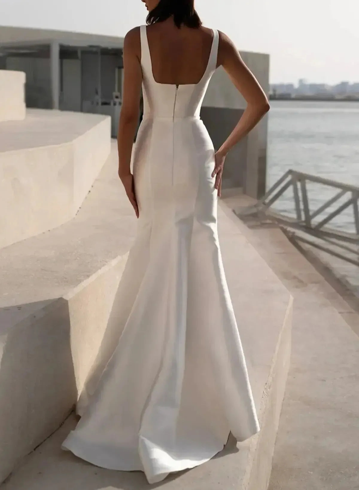Elegant Mermaid Square Neckline Sleeveless Sweep Train Satin Wedding Dress