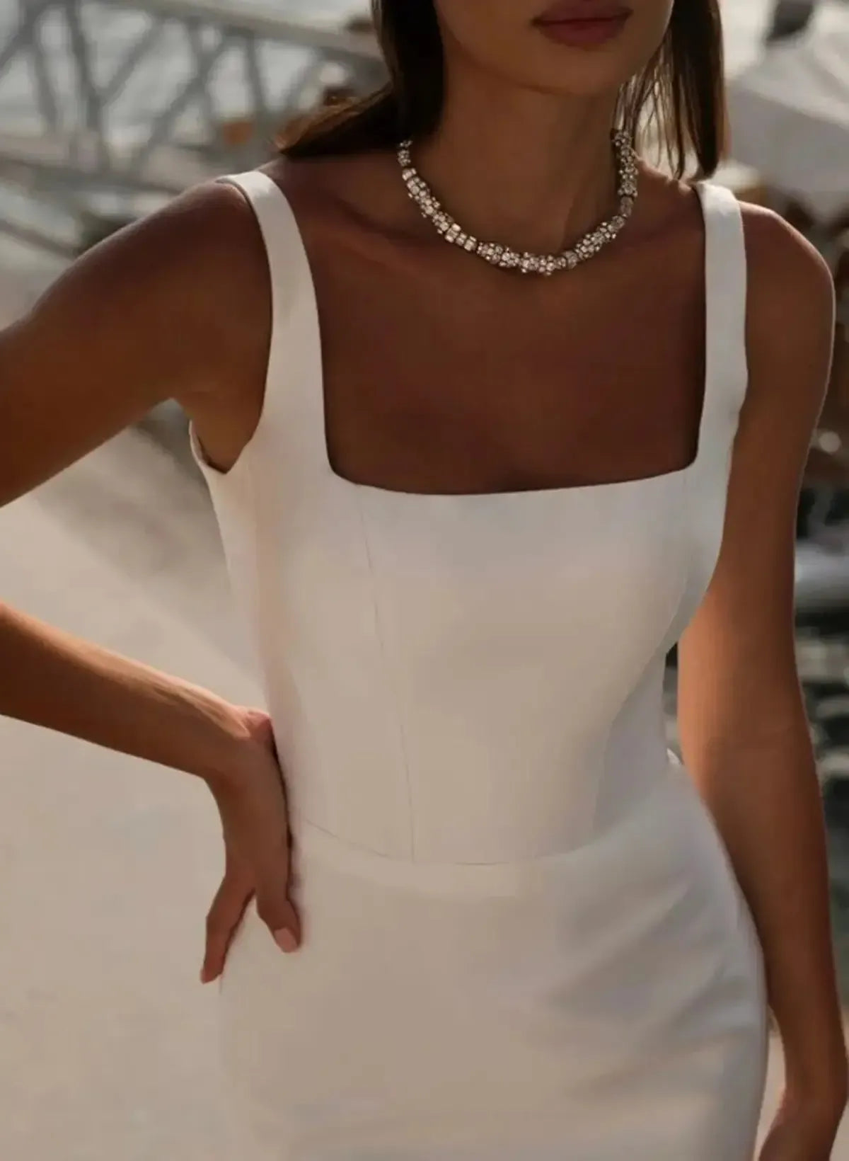 Elegant Mermaid Square Neckline Sleeveless Sweep Train Satin Wedding Dress