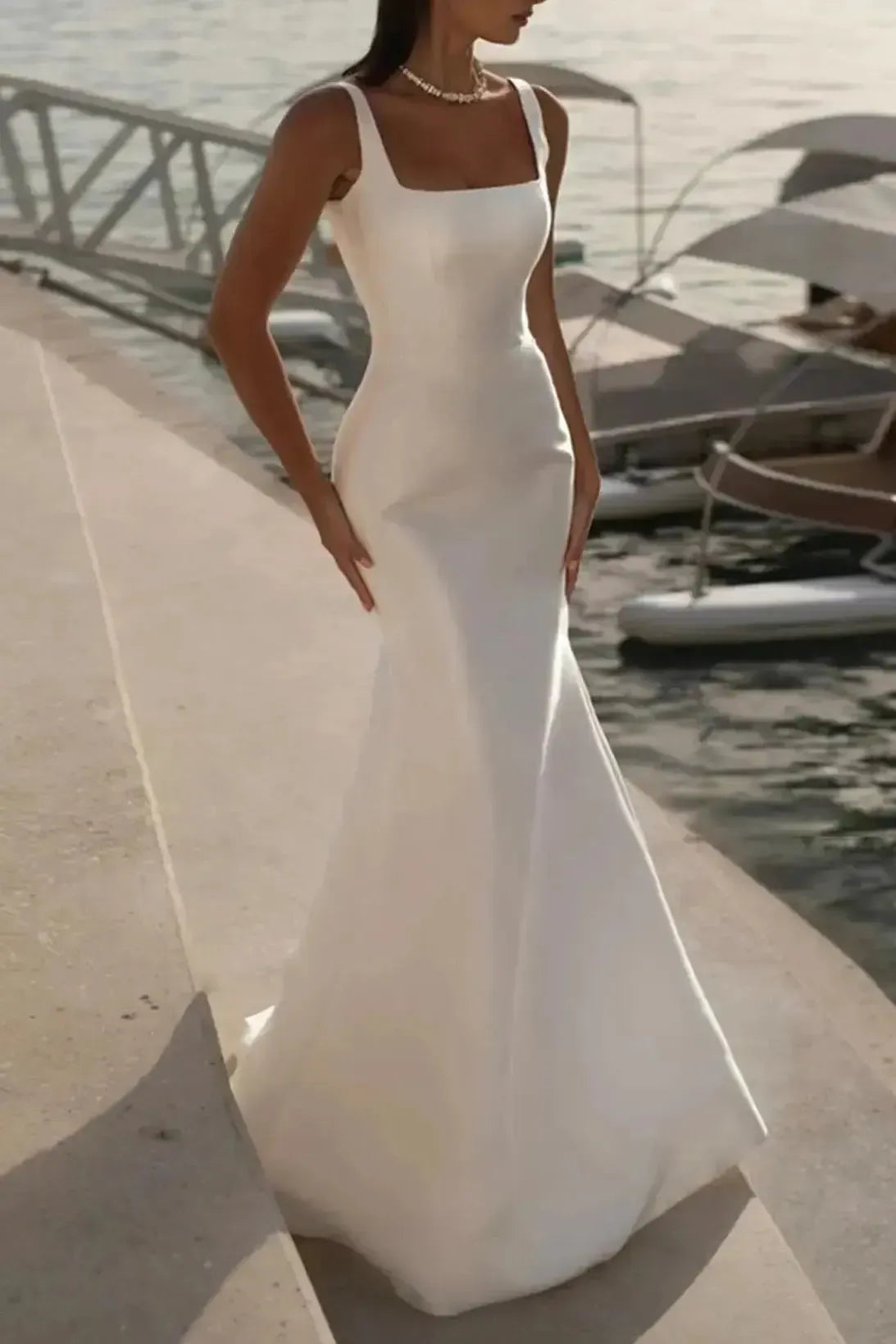 Elegant Mermaid Square Neckline Sleeveless Sweep Train Satin Wedding Dress