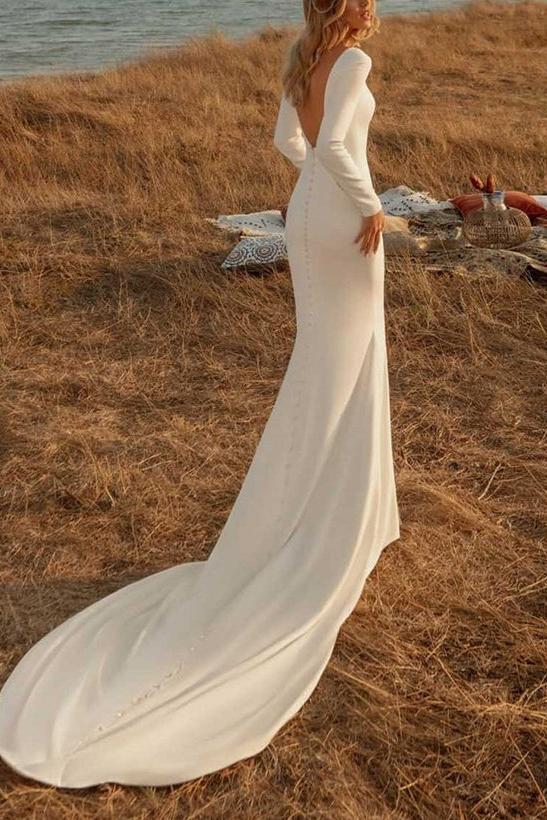 Elegant Mermaid Wedding Dress Bateau Neckline Long Sleeves Bridal Gown