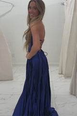 Elegant Metallic Royal Blue Prom Dress Corset Formal Dress With Slit