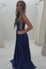 Elegant Metallic Royal Blue Prom Dress Corset Formal Dress With Slit
