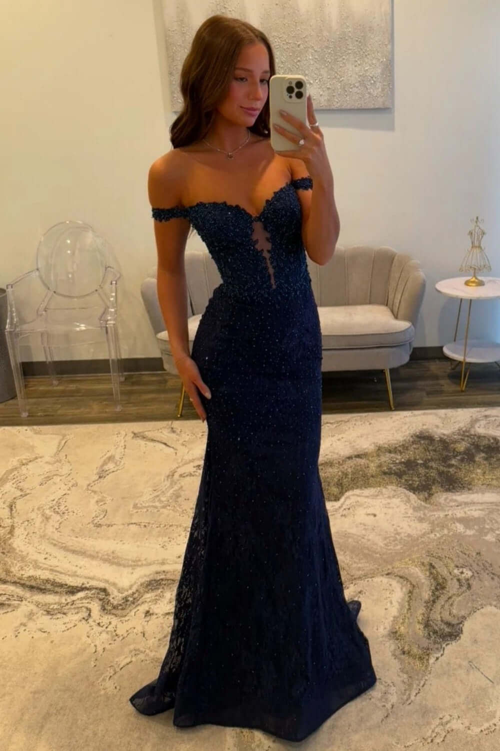 Dreamyannie Navy Prom Dress Off The Shoulder Mermaid Long Lace Formal Dress