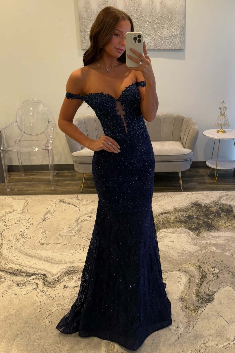 Dreamyannie Navy Prom Dress Off The Shoulder Mermaid Long Lace Formal Dress
