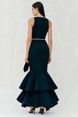 Elegant Navy Boat Neck Long Mermaid Prom Dress With Ruffles