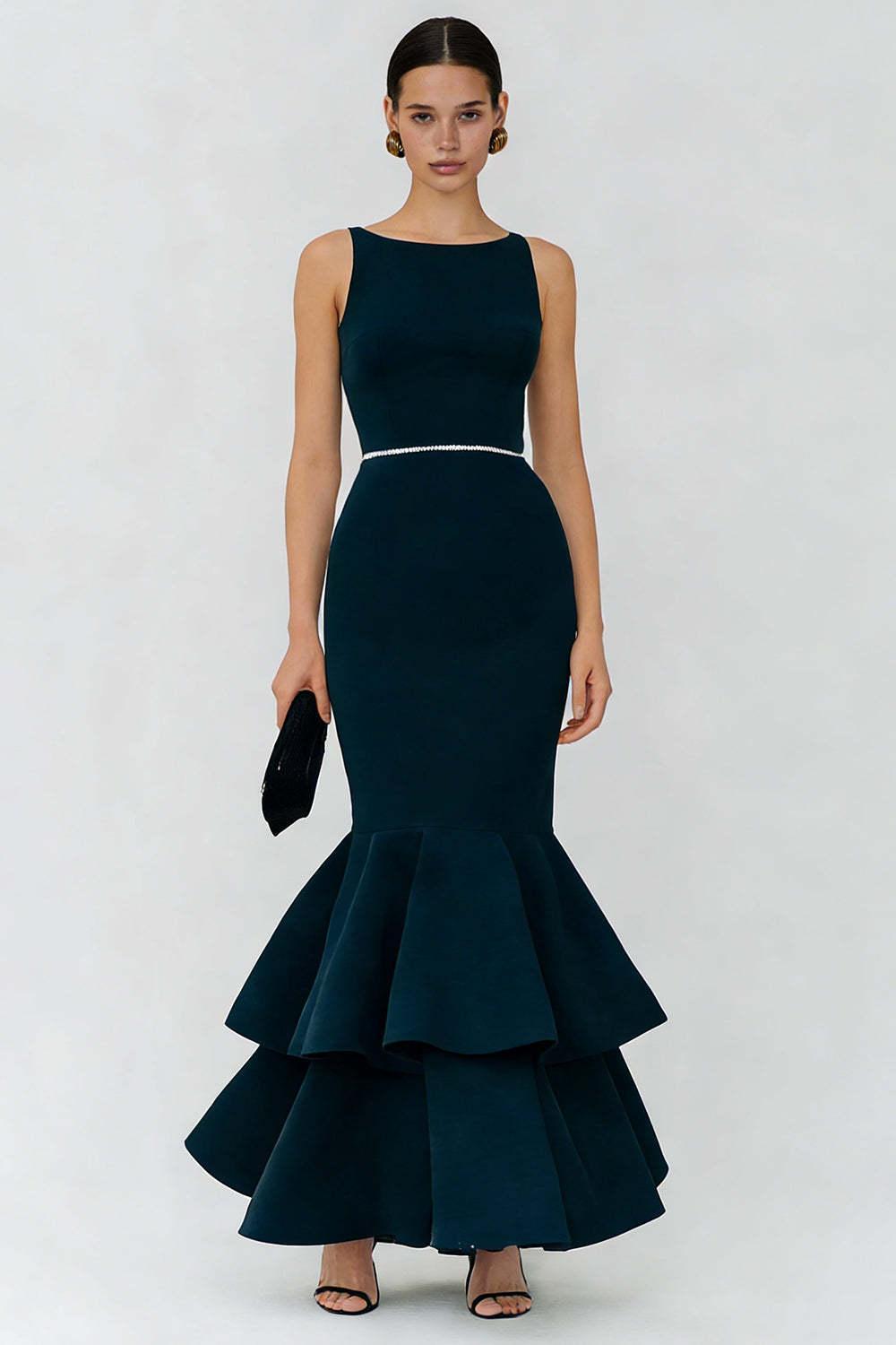Elegant Navy Boat Neck Long Mermaid Prom Dress With Ruffles