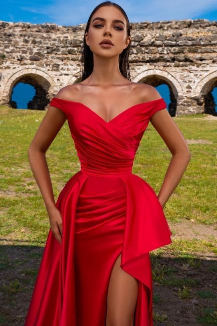 Elegant Off The Shoulder Red Prom Dress Long With Slit