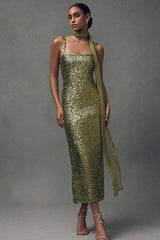 Elegant Olive Sheath Sequin Scarf Neck Long Holiday Party Dress