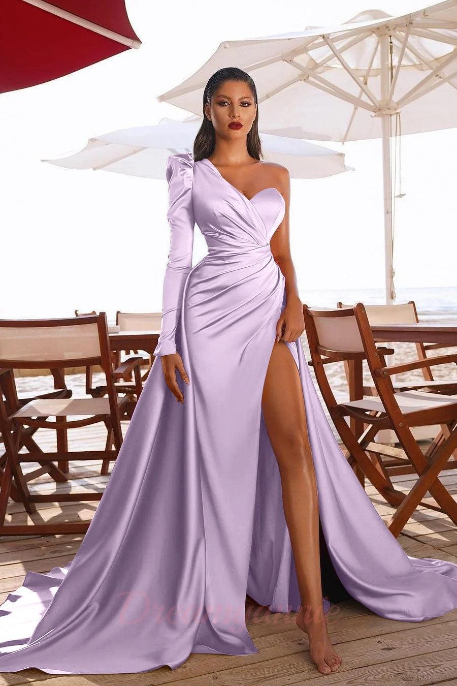 Dreamyannie Women Prom Dress Elegant One Shoulder Long Sleeve Evening Dress With Slit Dreamyannie UK Dreamyannie Women Prom Dress Elegant One Shoulder Long Sleeve Evening Dress With Slit Dreamyannie UK