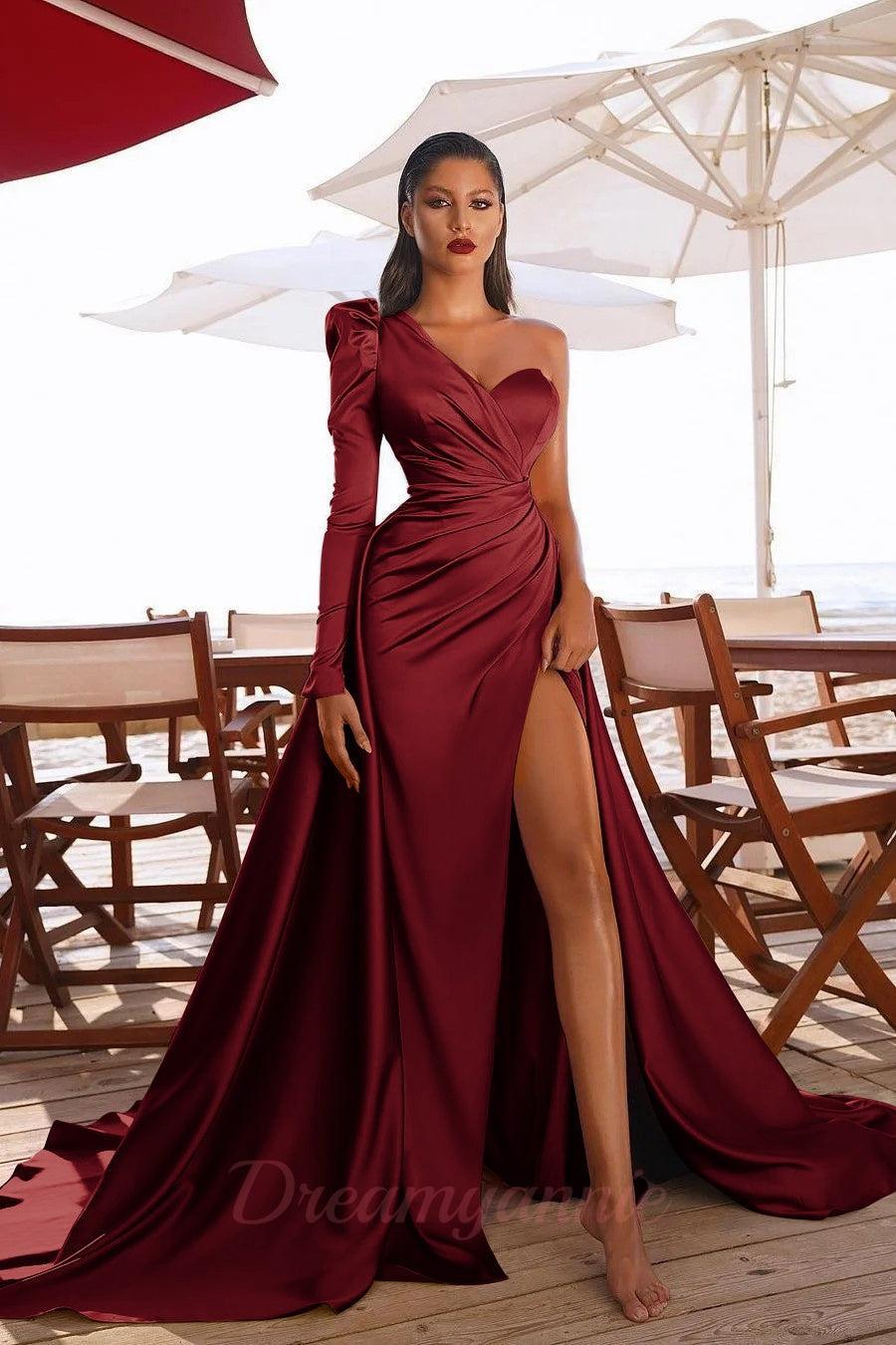 Dreamyannie Women Prom Dress Elegant One Shoulder Long Sleeve Evening Dress  With Slit – Dreamyannie UK