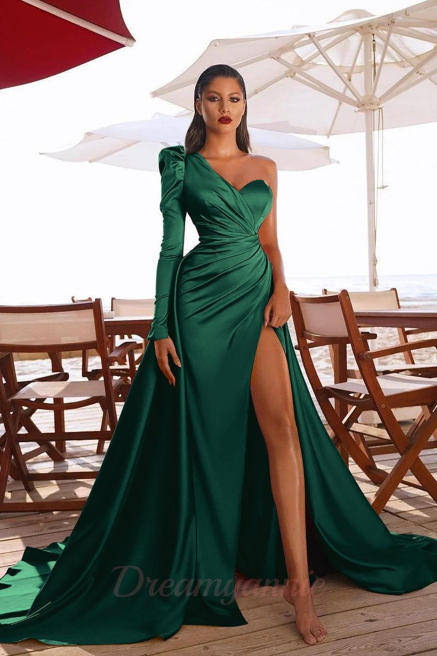 Dreamyannie Women Prom Dress Elegant One Shoulder Long Sleeve Evening Dress With Slit Dreamyannie UK Dreamyannie Women Prom Dress Elegant One Shoulder Long Sleeve Evening Dress With Slit Dreamyannie UK
