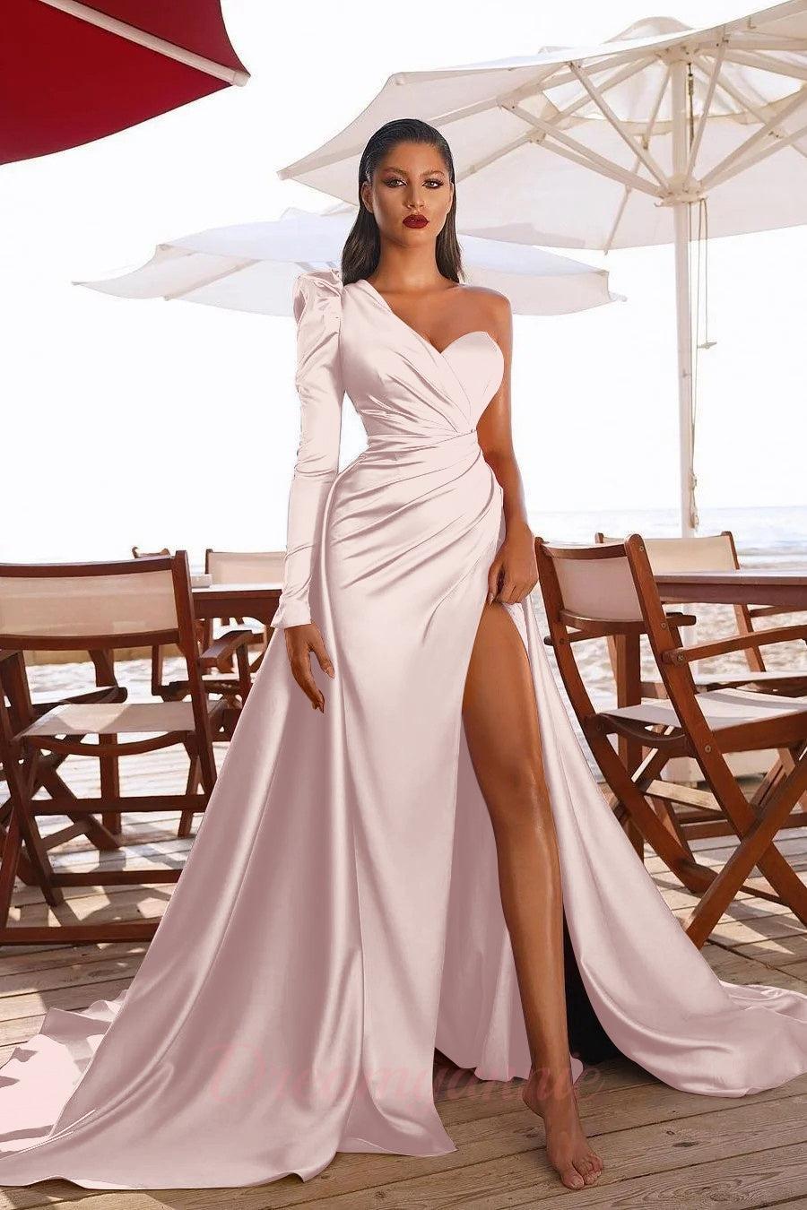 green emerald velvet dress One Shoulder Long Sleeves Grey Split Prom Dress with Pockets PG752 US2 / Custom Color