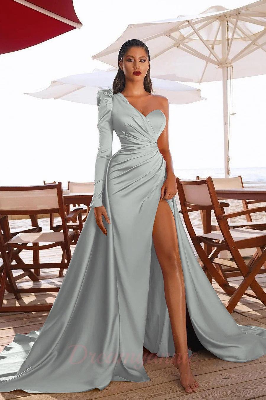 Elegant One Shoulder Long Sleeve Prom Dress With Slit