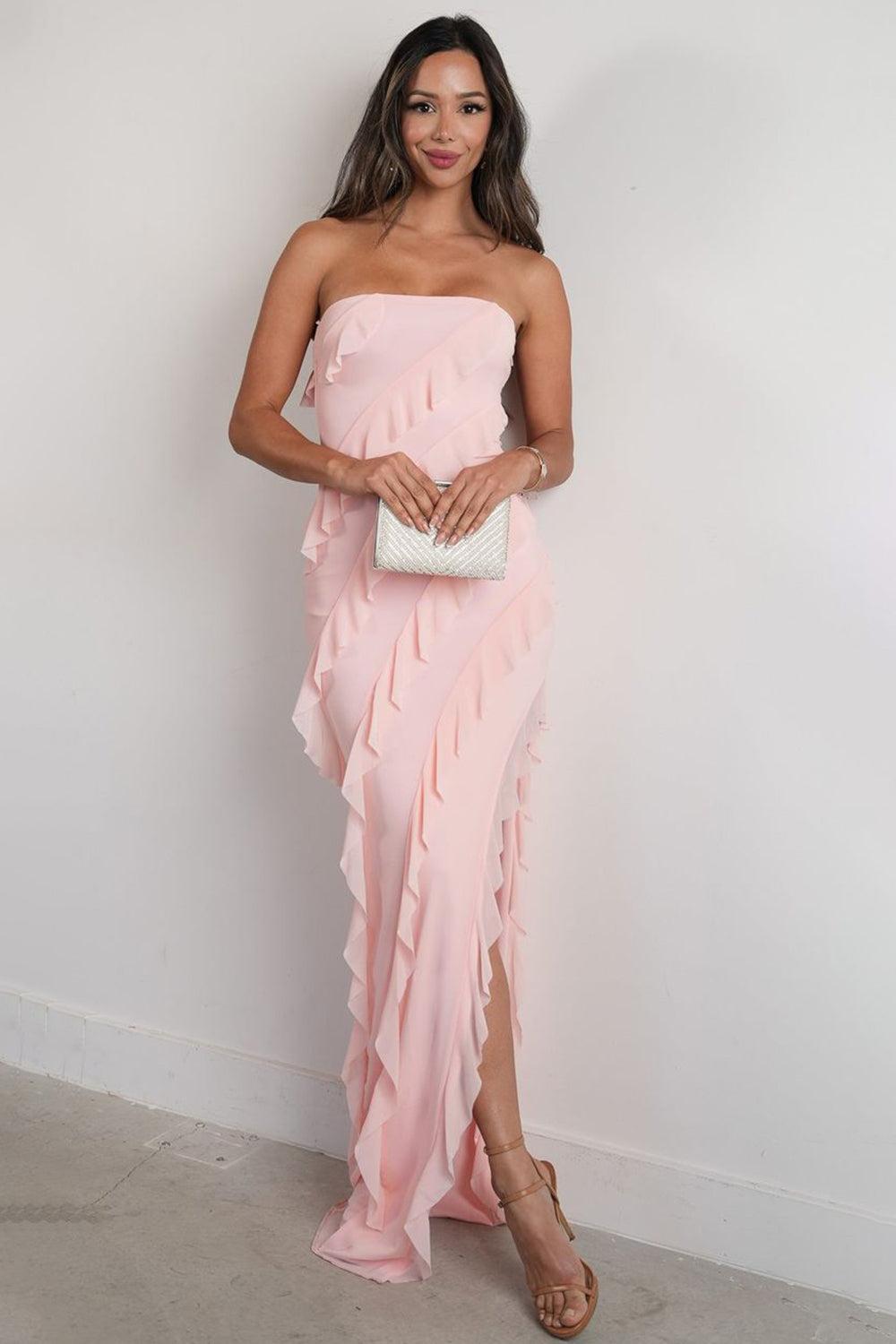 Dreamyannie Elegant Pink Strapless Cascading Ruffle Long Prom Evening Dress Formal Evening Gown