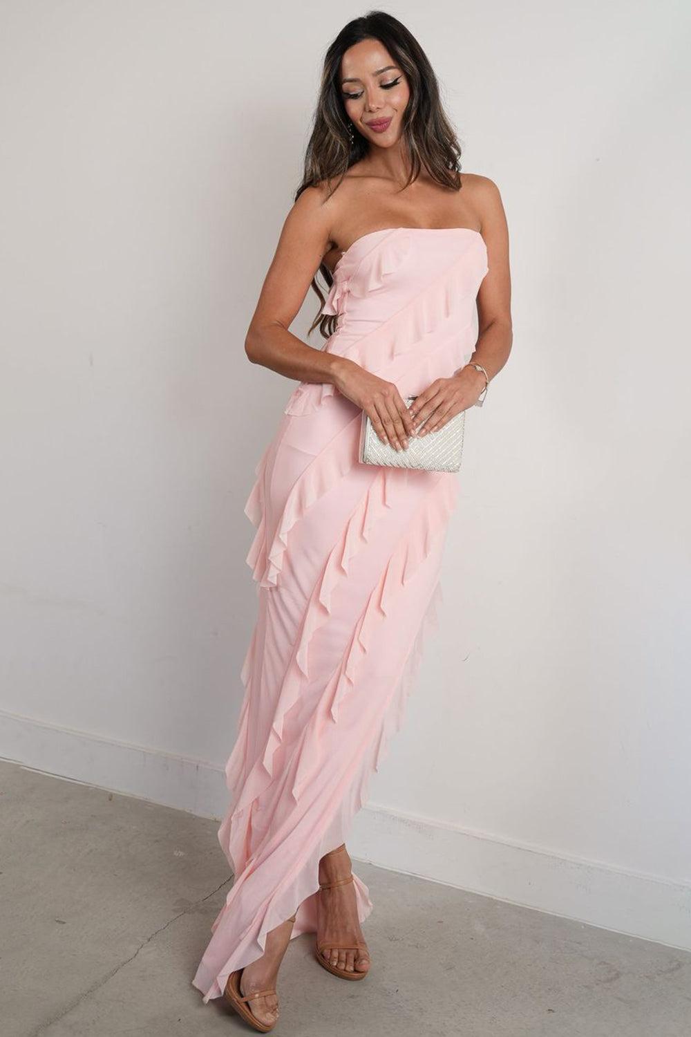 Dreamyannie Elegant Pink Strapless Cascading Ruffle Long Prom Evening Dress Formal Evening Gown