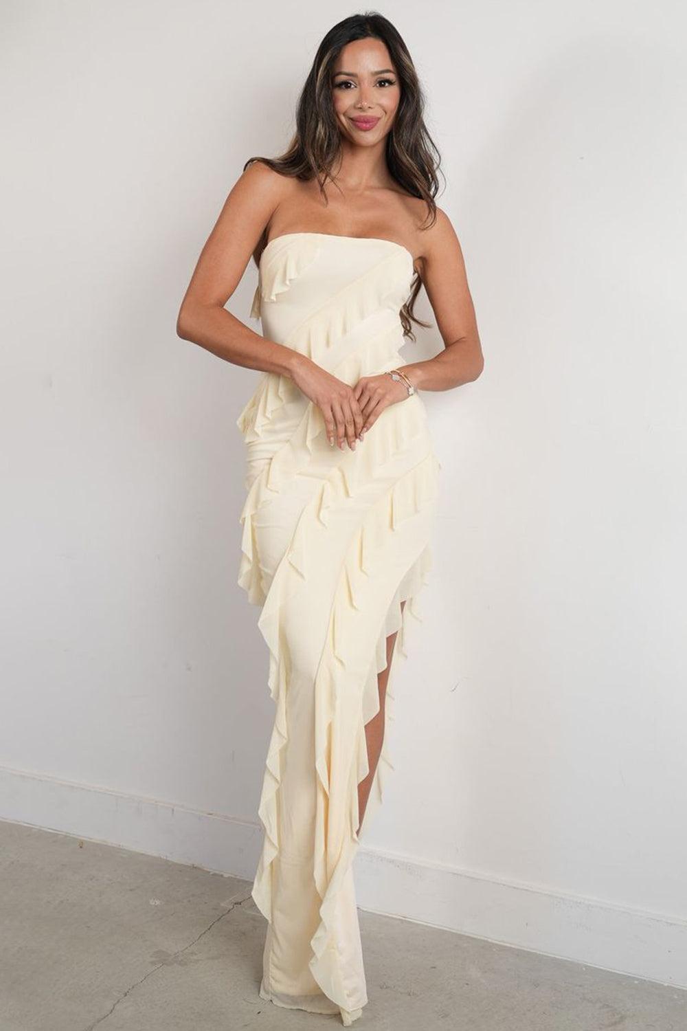 Dreamyannie Elegant Pink Strapless Cascading Ruffle Long Prom Evening Dress Formal Evening Gown