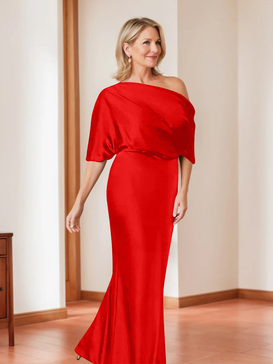 Elegant Plus Size Mother of the Bride One-Shoulder Sheath Dress with 1/2 Sleeves