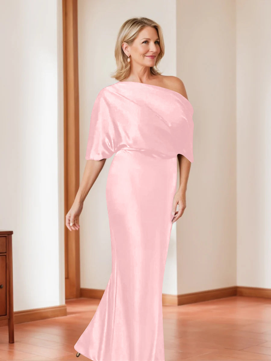 Elegant Plus Size Mother of the Bride One-Shoulder Sheath Dress with 1/2 Sleeves