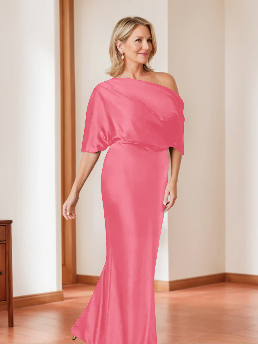 Elegant Plus Size Mother of the Bride One-Shoulder Sheath Dress with 1/2 Sleeves