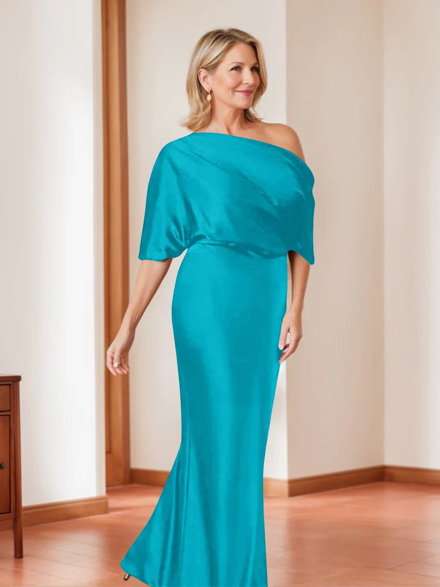 Elegant Plus Size Mother of the Bride One-Shoulder Sheath Dress with 1/2 Sleeves