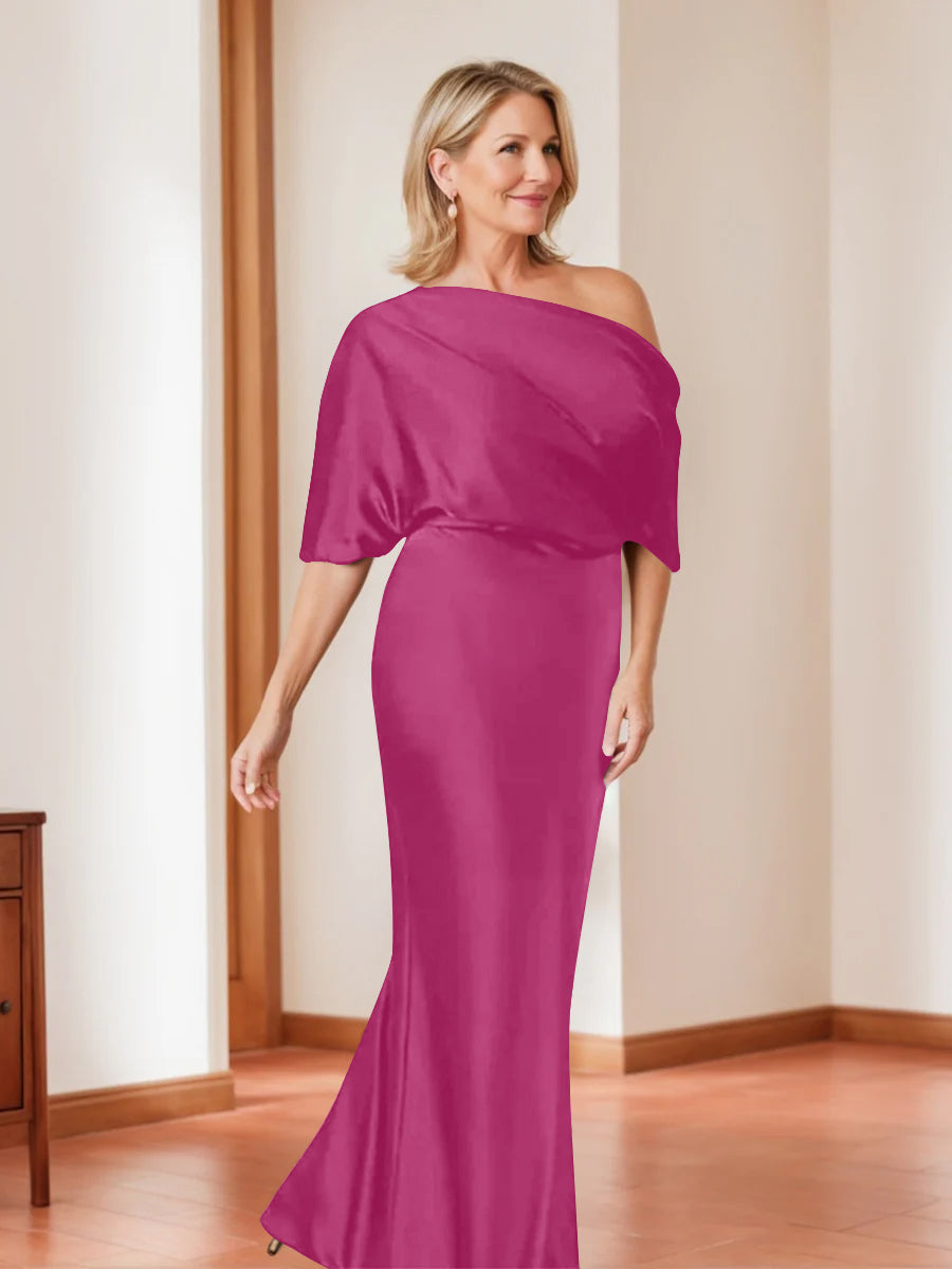 Elegant Plus Size Mother of the Bride One-Shoulder Sheath Dress with 1/2 Sleeves