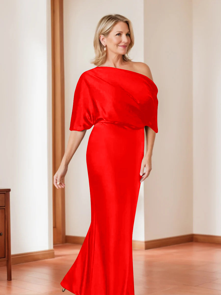 Elegant Plus Size Mother of the Bride One-Shoulder Sheath Dress with 1/2 Sleeves
