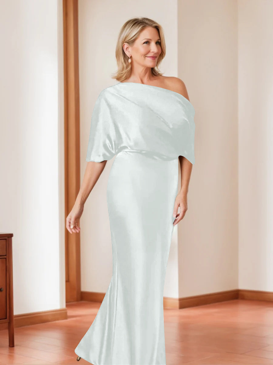 Elegant Plus Size Mother of the Bride One-Shoulder Sheath Dress with 1/2 Sleeves