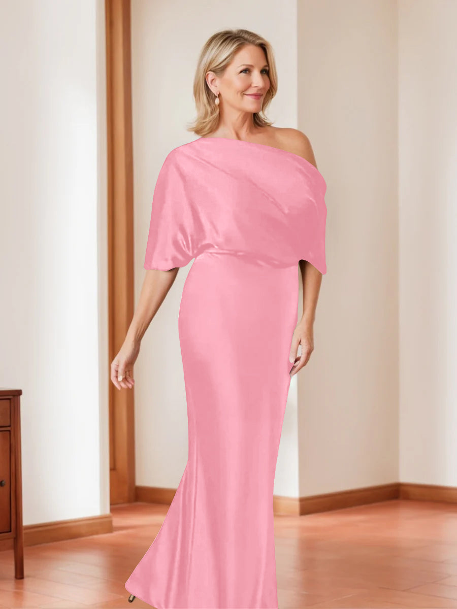 Elegant Plus Size Mother of the Bride One-Shoulder Sheath Dress with 1/2 Sleeves