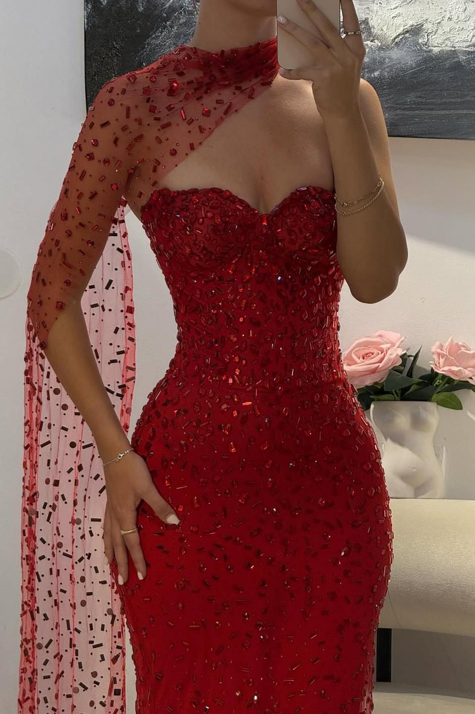 Elegant Red Sweetheart Beaded Fitted Mermaid Prom Dress With Scarf Formal Evening Gown