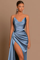 Elegant Royal Blue Long Charmeuse Evening Dress with Slit Pleats