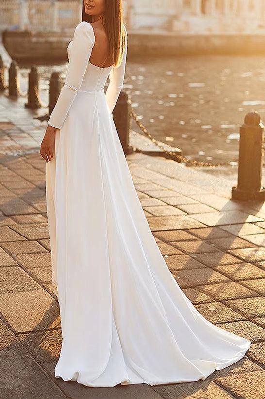 Elegant Satin Beach Wedding Dresses with A-Line Sweetheart and Long Sleeves
