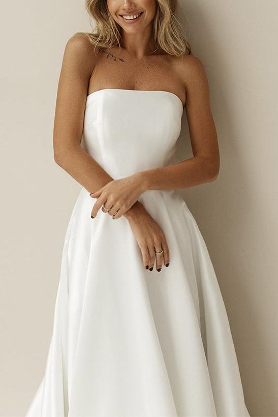 Elegant Satin Wedding Dresses with A-Line Silhouette Strapless Design Sleeveless Style and Sweep Train