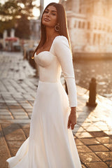 Elegant Satin Wedding Dresses with A-Line Sweetheart and Long Sleeves