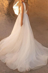 Elegant Satin/Tulle Beach Wedding Dresses with A-Line V-Neck and Sleeveless Design Court Train