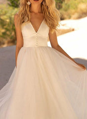 Elegant Satin/Tulle Beach Wedding Dresses with A-Line V-Neck and Sleeveless Design Court Train