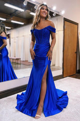 Elegant Sequins Off The Shoulder Evening Dress with Pleated Slit