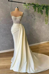 Elegant Spaghetti Straps Mermaid Evening Dress with Pearl, Sequins, and Pleated