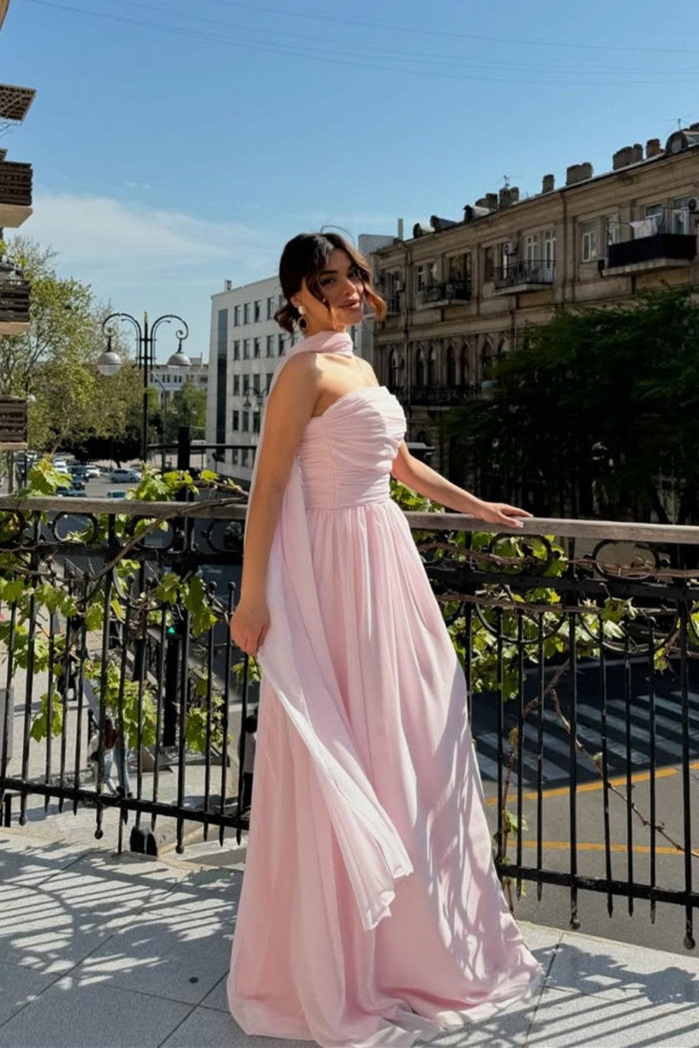 Elegant Strapless A-Line Chiffon Long Prom Dress With Scarf Detail Formal Evening Gown