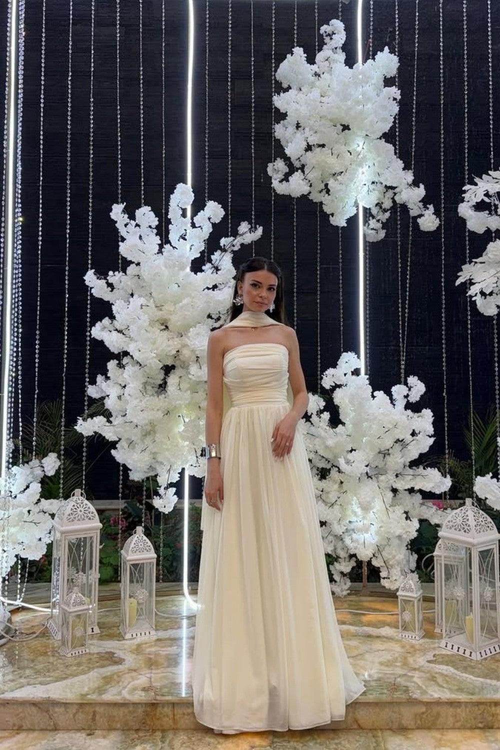 Elegant Strapless A-Line Chiffon Long Prom Dress With Scarf Detail Formal Evening Gown