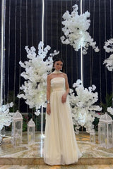 Elegant Strapless A-Line Chiffon Long Prom Dress With Scarf Detail Formal Evening Gown