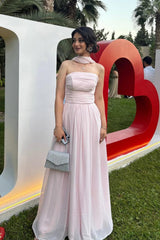 Elegant Strapless A-Line Chiffon Long Prom Dress With Scarf Detail Formal Evening Gown