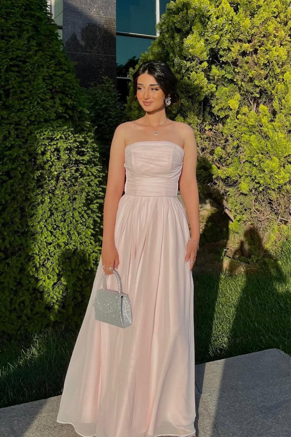 Elegant Strapless A-Line Chiffon Long Prom Dress With Scarf Detail Formal Evening Gown