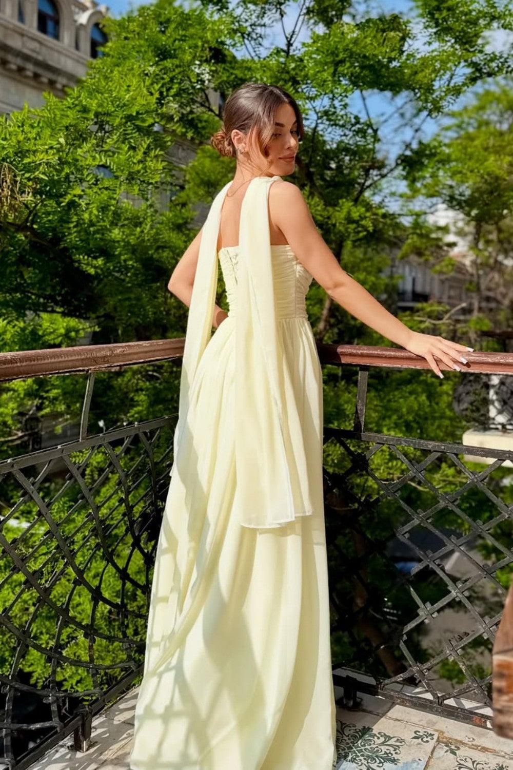 Elegant Strapless A-Line Chiffon Long Prom Dress With Scarf Detail Formal Evening Gown
