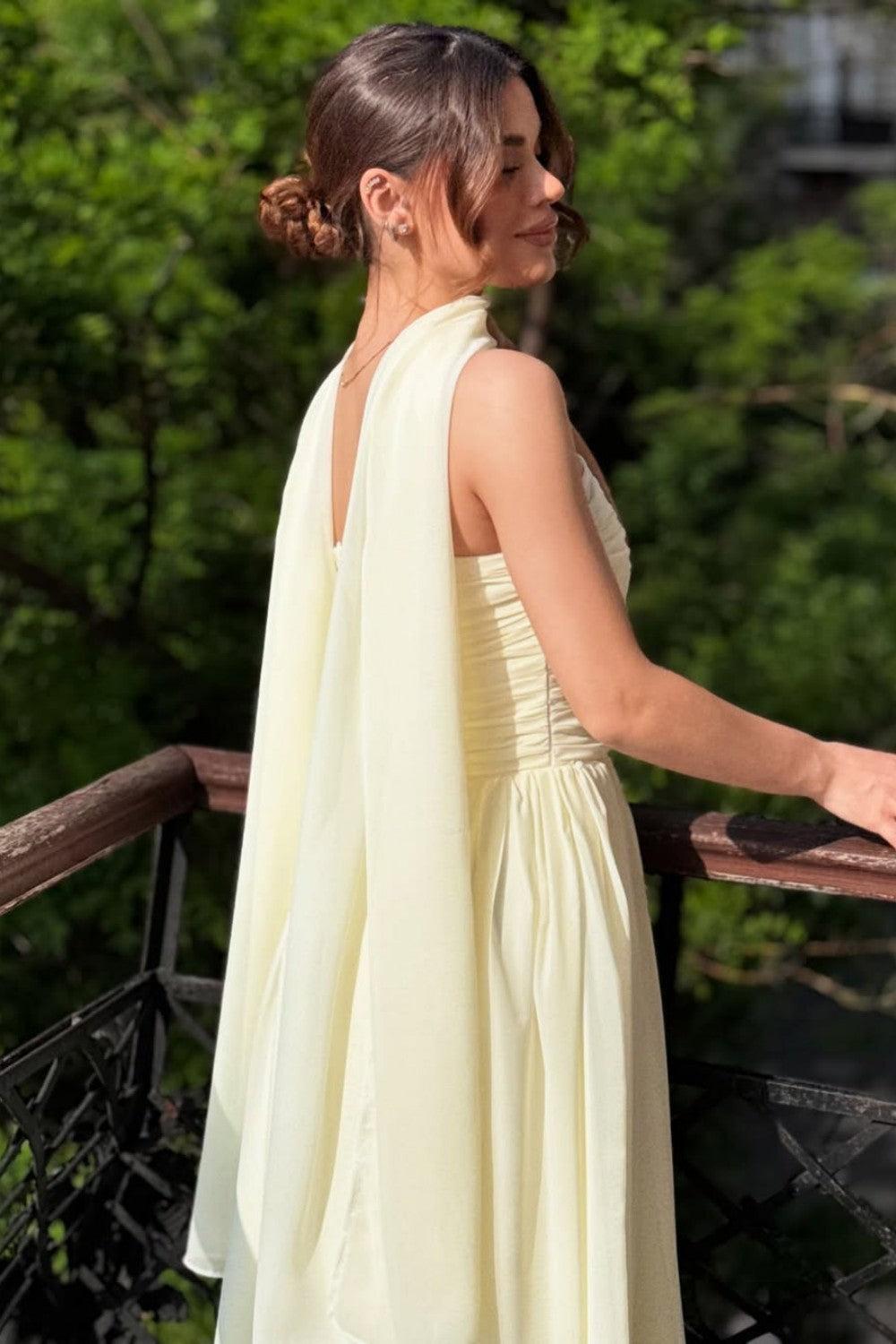 Elegant Strapless A-Line Chiffon Long Prom Dress With Scarf Detail Formal Evening Gown